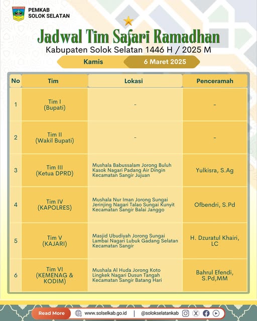Berikut jadwal dan lokasi pelaksanaan Safari Ramadhan Pemerintah Kabupaten Solok Selatan 1446 Hijriah, Kamis, 6 Maret 2025
