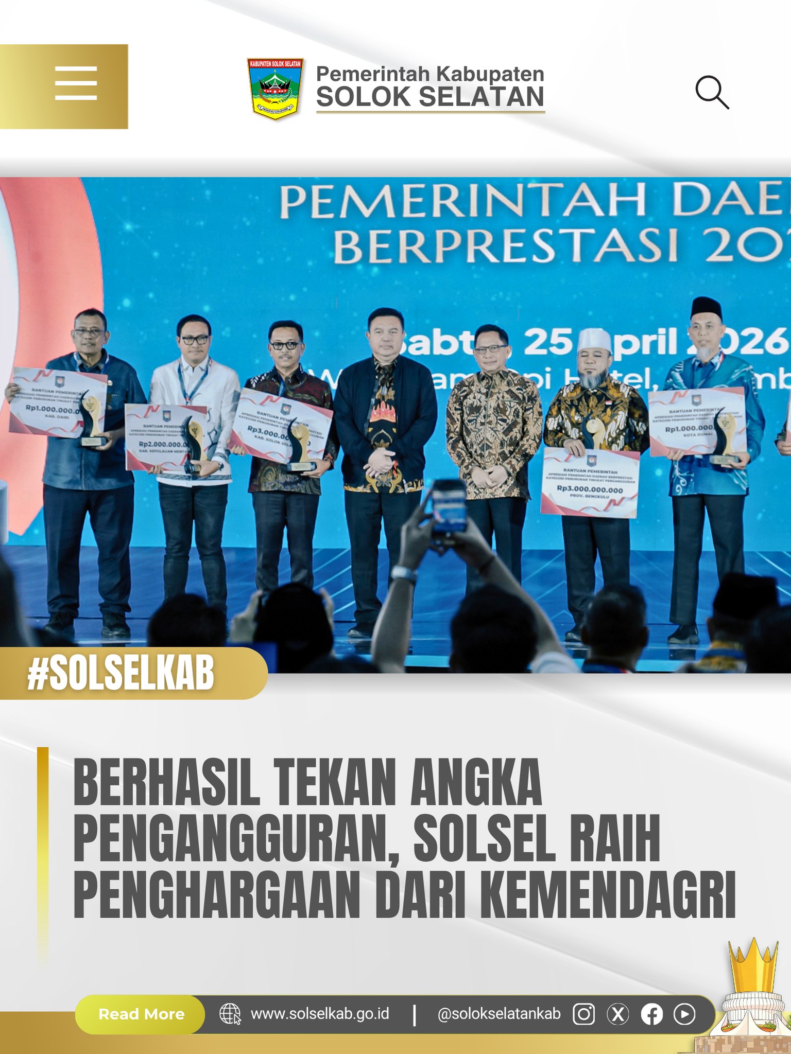 Berhasil Tekan Angka Pengangguran, Solsel Raih Penghargaan dari Kemendagri