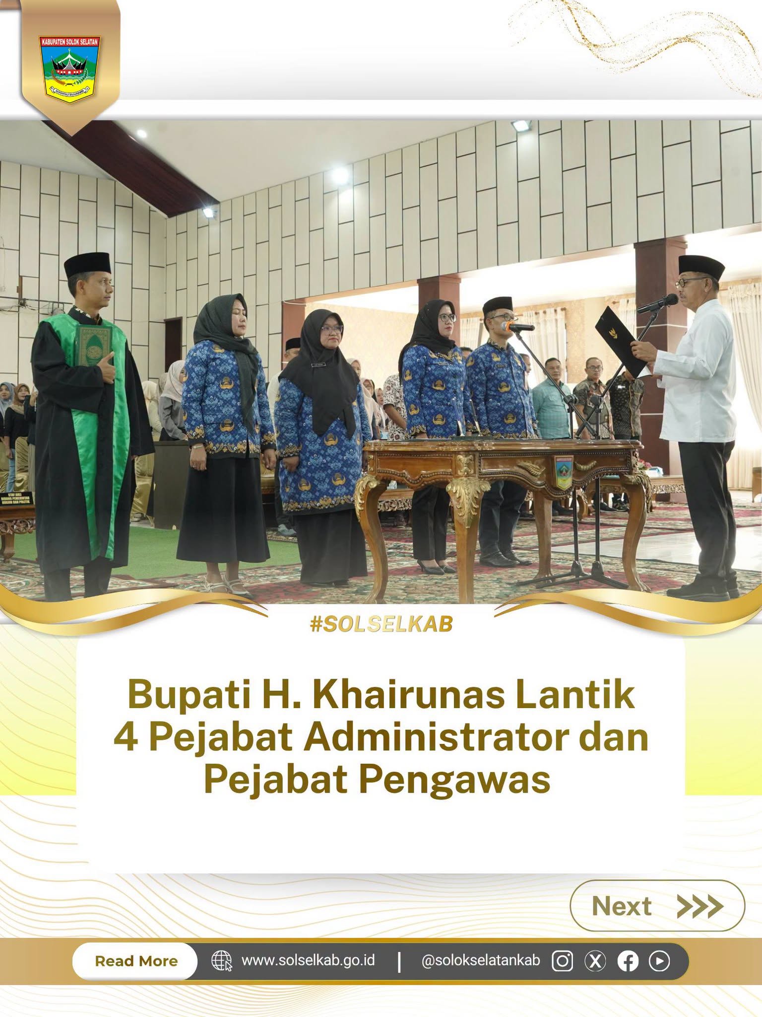 Bupati H. Khairunas Lantik 4 Pejabat Administrator dan Pejabat Pengawas